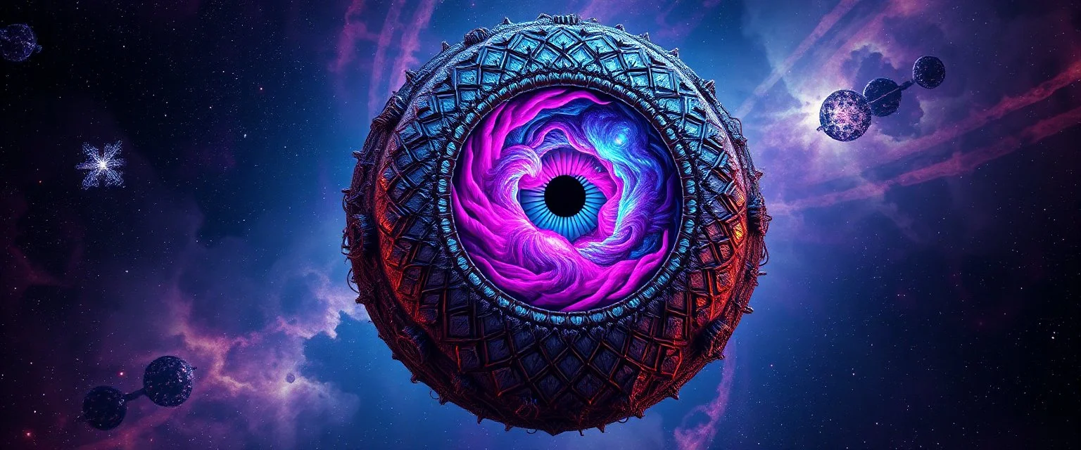 masterpiece, 8k, best quality, ultra-detailed, award-winning psychedelic art A colossal, Lovecraftian eye tyrant floats menacingly in the center of a cosmic void. Its spherical body is a grotesque fusion of biology and crystalline structures, with iridescent, chitinous plates and pulsating, bioluminescent veins. The massive central eye is not an eye at all, but a swirling, hypnotic vortex of liquid nebula in shades of magenta and electric blue, radiating malevolent intelligence. Instead of tradi
