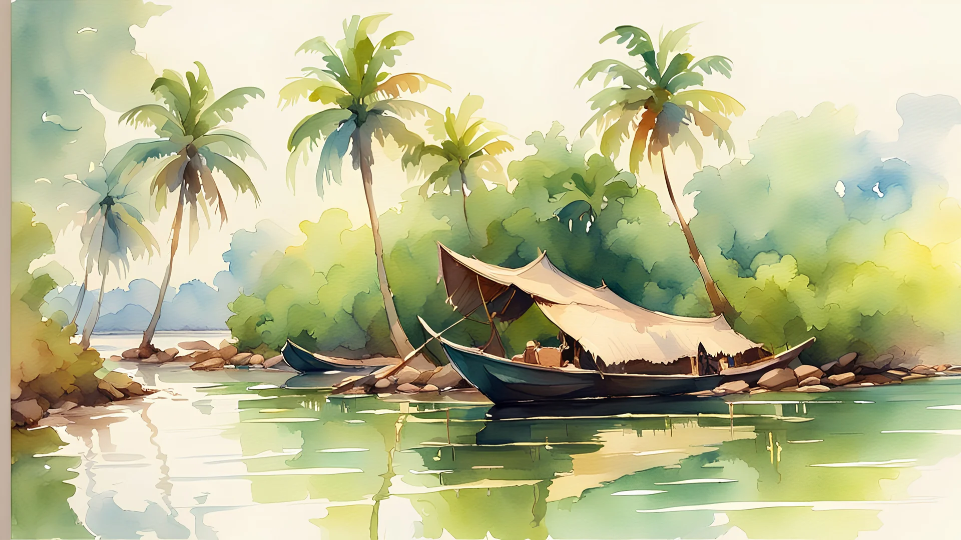 Watercolor painting, kerala backwater scene, lush ... | Gallery