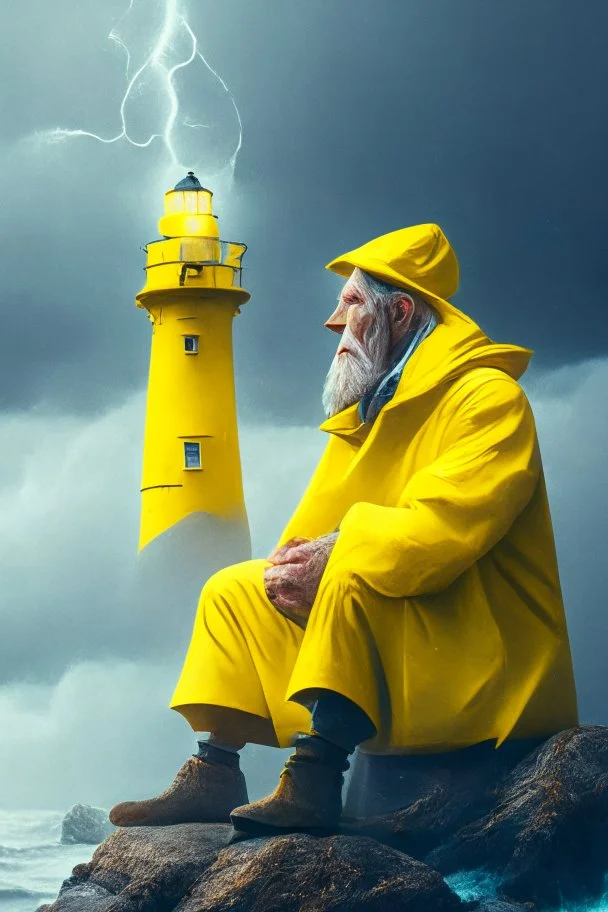 portrait of old seafarer smoking pipe, sitting in yellow raincoat on rocks beneath an unreal bright white lighthouse, storm clouds, volumetric fog, lightening, volumetric light,depth of field, fantasy art, 4k, highly detailed, sunbeam