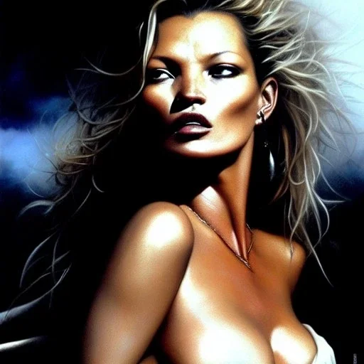 portrait of beautiful busty KATE MOSS painting by azpiri,Brom,Luis Royo oil on canvas, cinematic composition, extreme detail,fit full head inside picture