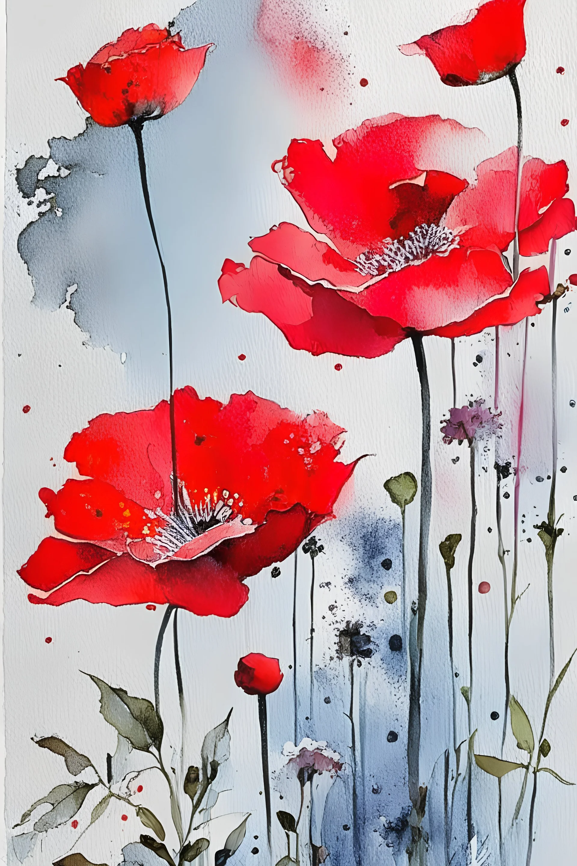 Abstract wet watercolour, bright red grey stalks poppies