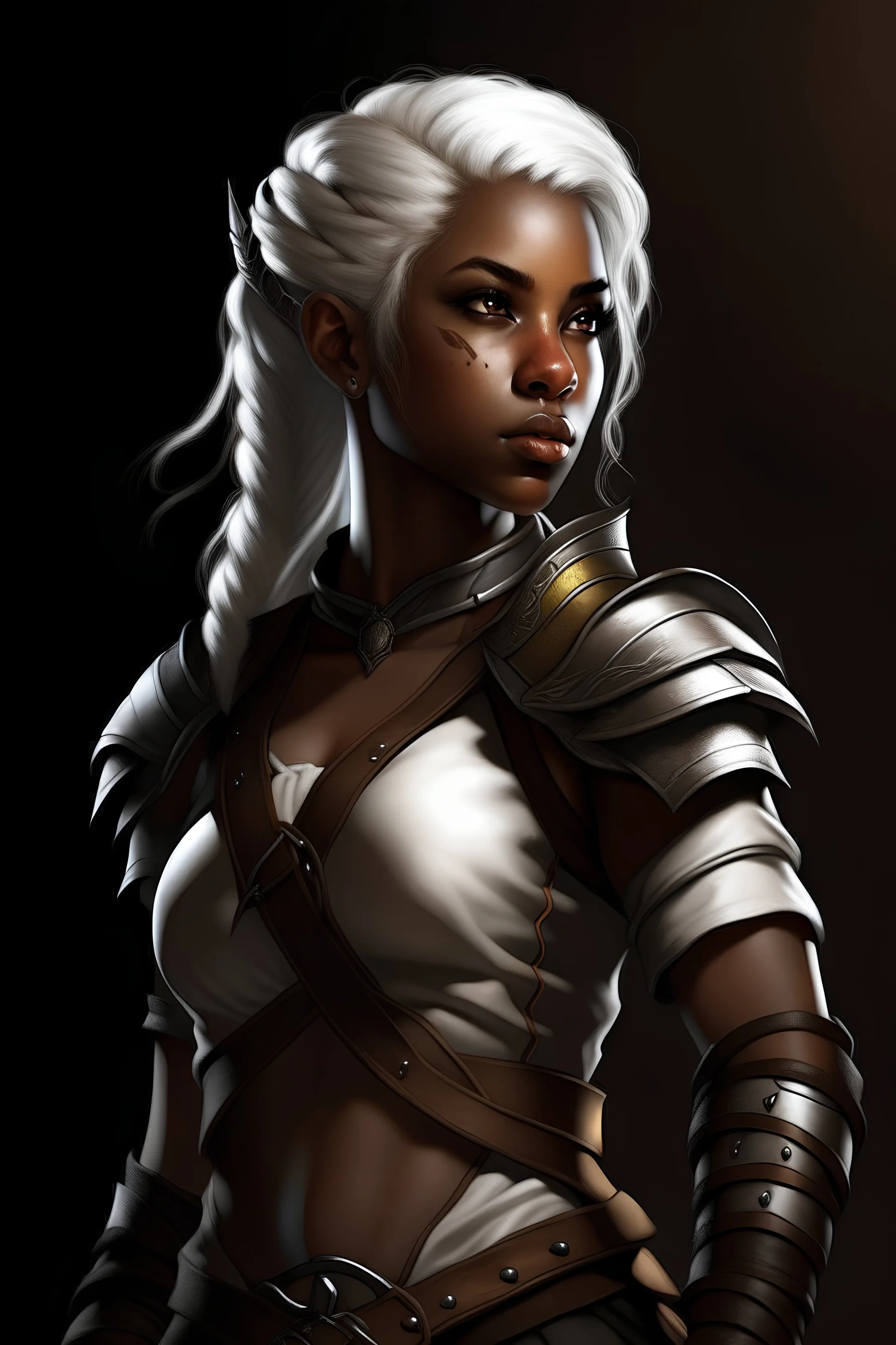 female ranger from dungeons and dragons, scale mail and hot leather clothing, white braided hair, woman of color, realistic, digital art, high resolution, strong lighting