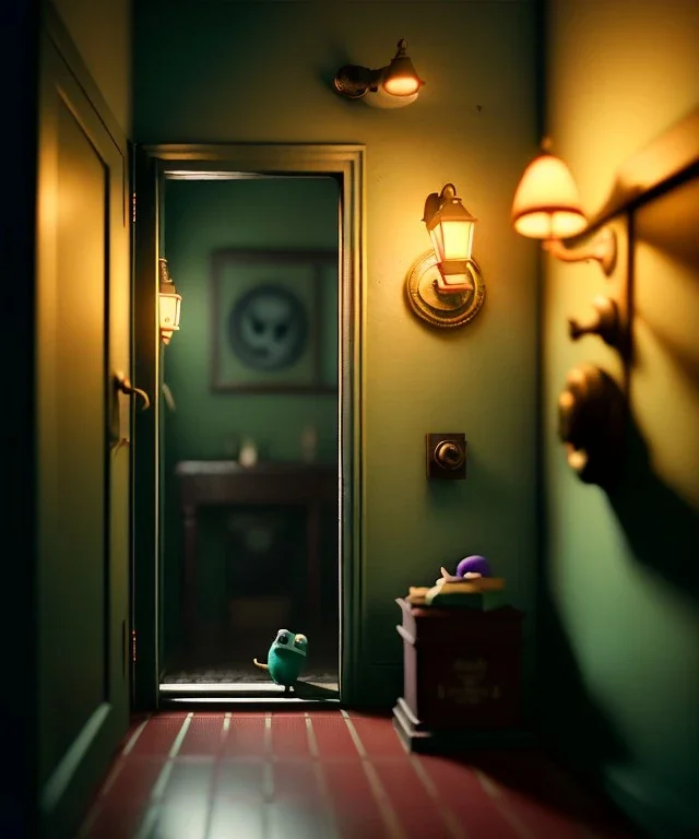 Wes Anderson photographer, night, room, monster peeking behind the ajar door, Ultra realistic, punk style, wide angle view, soft color, highly detailed, unreal engine 5, ray tracing, RTX, lumen lighting, ultra detail, volumetric lighting, 3d, finely drawn, high definition.