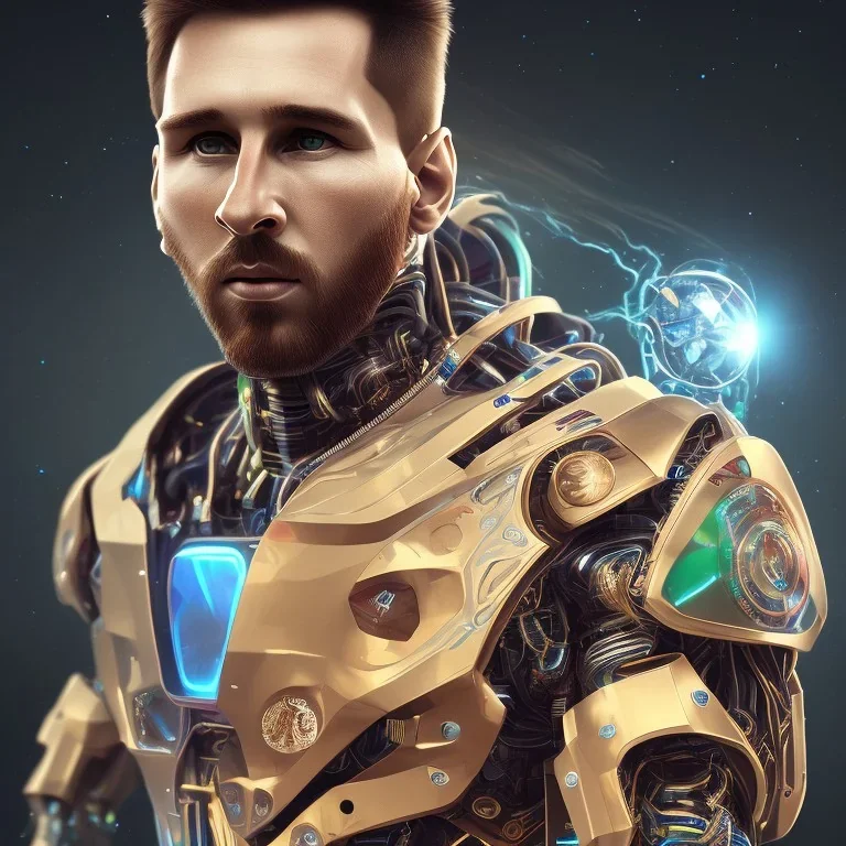 portrait front, face lionel messi, robot, golden, argentina flag intricate, sci-fi, cyberpunk, future,