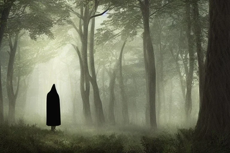 dark robed figure in forest, highly detailed, 8k, atmospheric lighting, trending on artstation