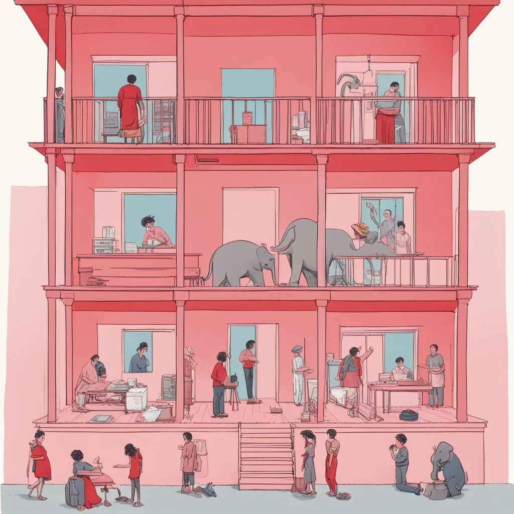 A vertical cross section of a multi-story building showing various rooms and inhabitants, including a person in a red shirt reading at a desk, another person dressed in pink washing clothes, and an elephant in a room with a red wall, with a sky sunny outside