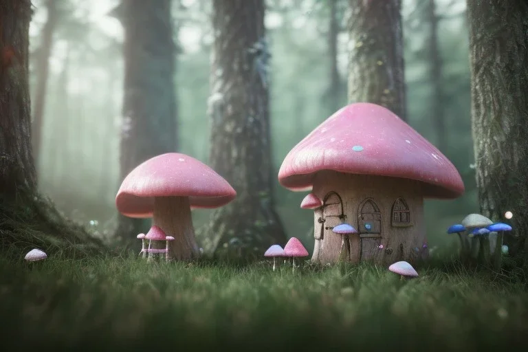 a cute fairy house pink and blue in the forest, spring time, mushrooms, 8k, flickering light, centered, high-quality, fine-detail, digital art, detailed matte, volumetric lighting, illustration, 3D octane render