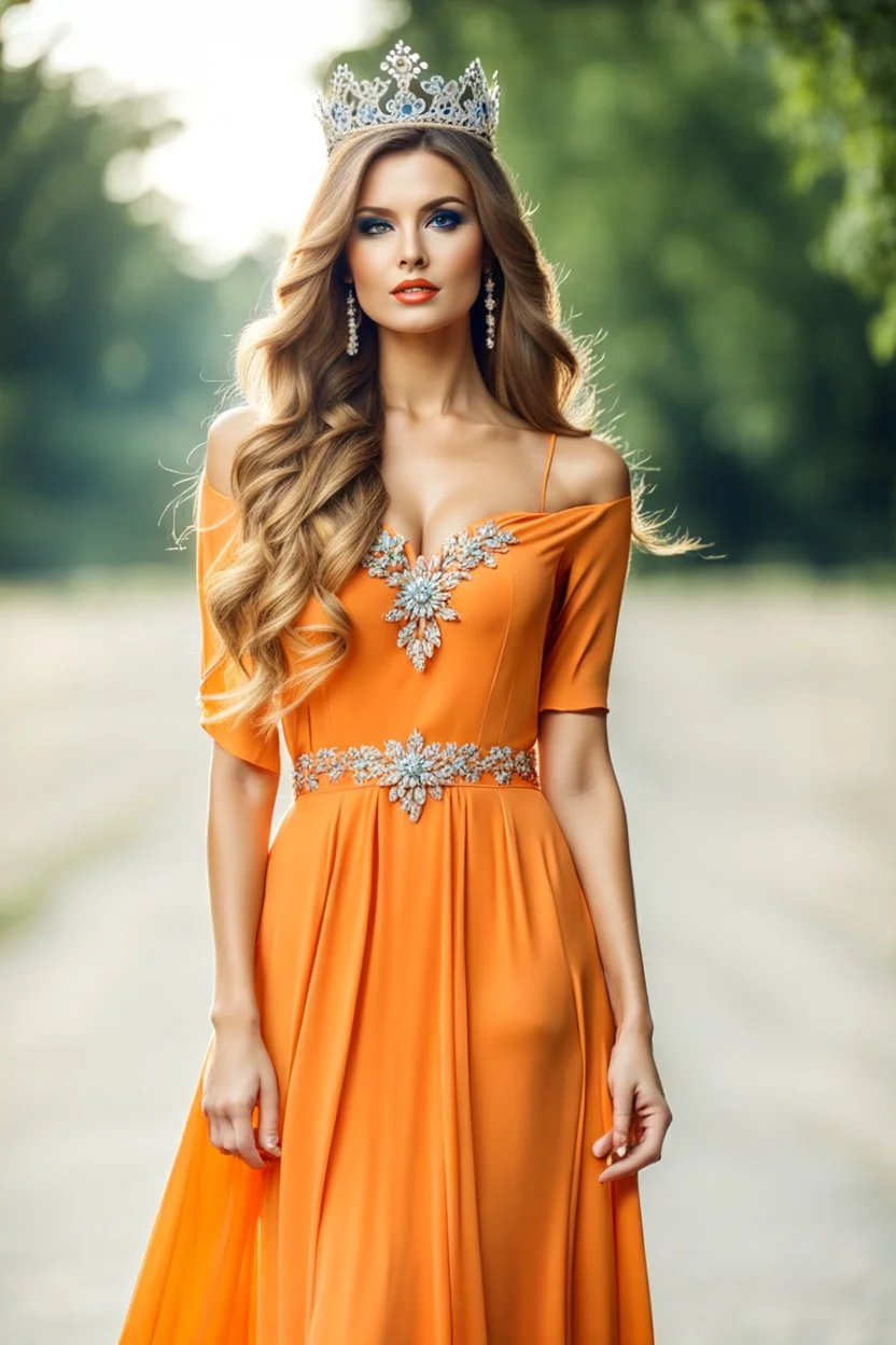 full body of very beautiful ukrain lady wearing orange_blue pretty maxi flared dress with hair silver crown ,standing idle pose