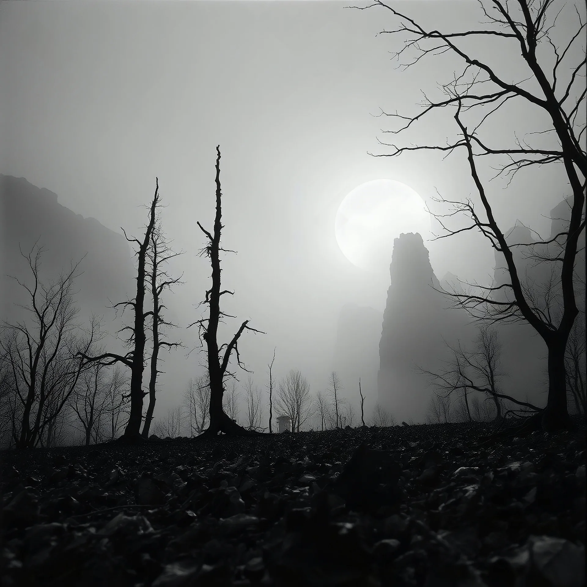 Close-up Ilford photograph of a creepy surreal landscape, eerie, no style, dead leaves, very surreal, trees, spooky, metaphysical objects, giant sun, intricate, thoughtful, appalling, mountain rocks, deep 3d field, 8k, hypermaximalist, lot of fog