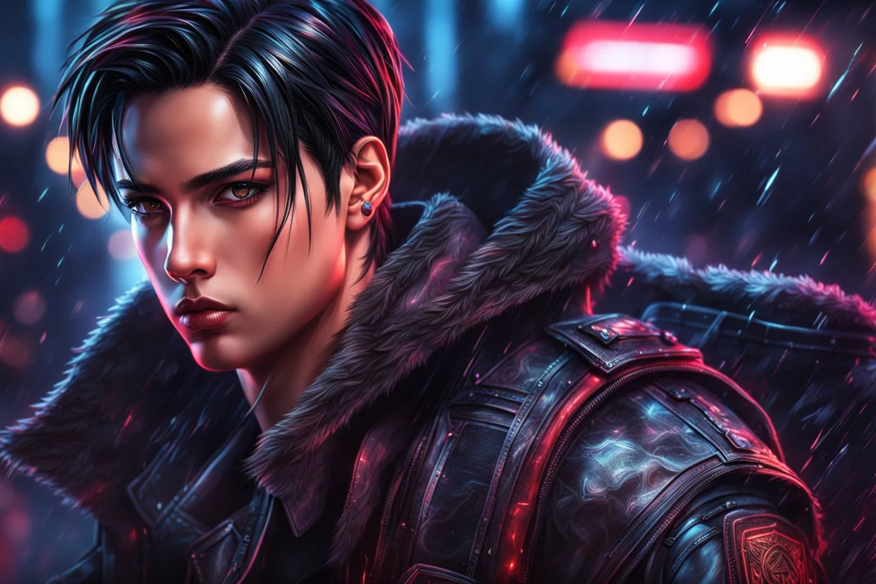 levi in 8k sci-art drawing style, levi custom, neon effect, close picture, rain, apocalypse, intricate details, highly detailed, high details, detailed portrait, masterpiece,ultra detailed, ultra quality