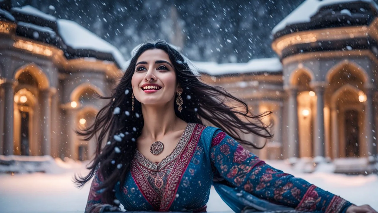 Hyper Realistic Photographic Low-Angle View Of A Beautiful Young Pashto Woman With Beautiful Eyes Lips & Nose (Wearing Beautiful Frock with Mandala Designs on it) (Her Beautiful Long Black Hair Whirling In Air) Happily Smiling & Dancing Alone Outside A Palace Under Heavy Snowfall Night Showing Dramatic & Cinematic Ambiance.