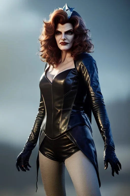 younger Rene Russo as evil queen in leather, cleavage, angry, stern look, unreal 5, octane render,cinema4d, dynamic lighting, dramatic lighting, 4k, redshift render, highly detailed, hyper realistic