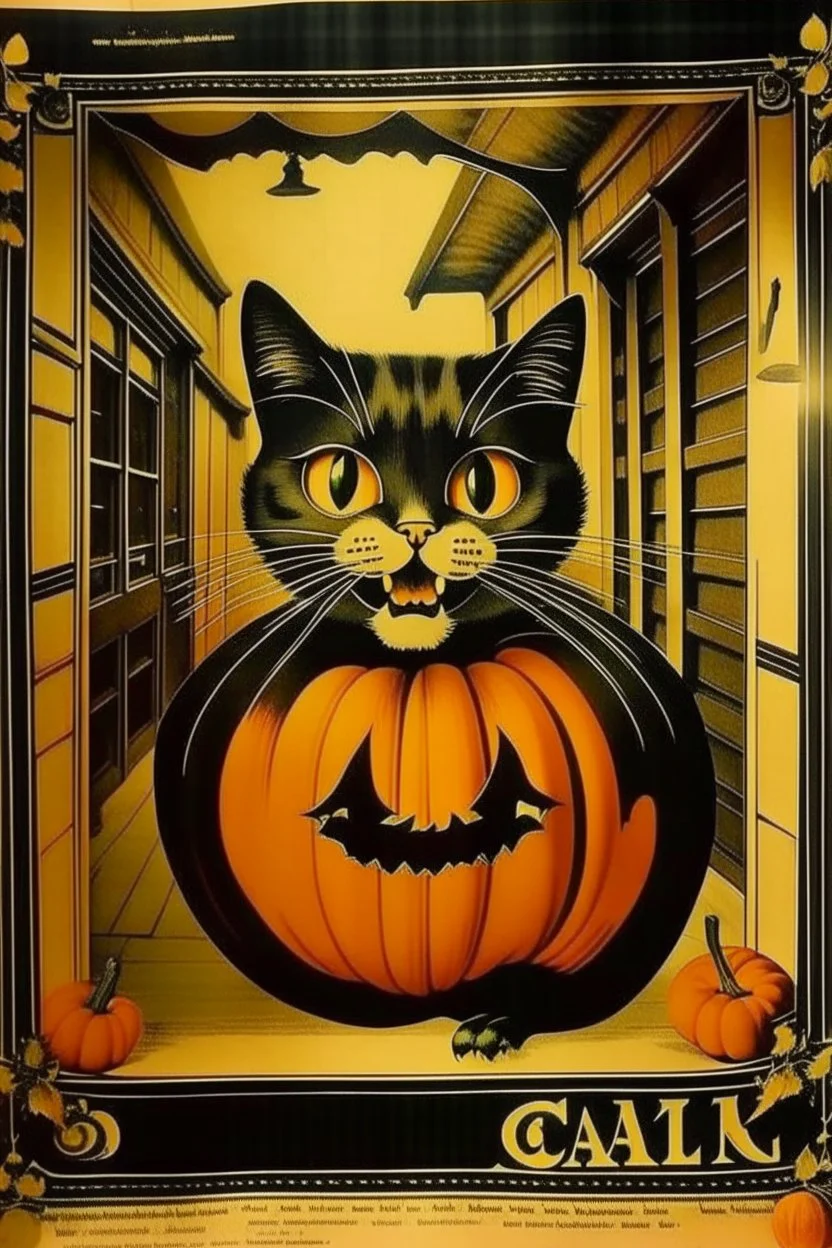 Vintage store front poster, Halloween, cat inside pumpkin