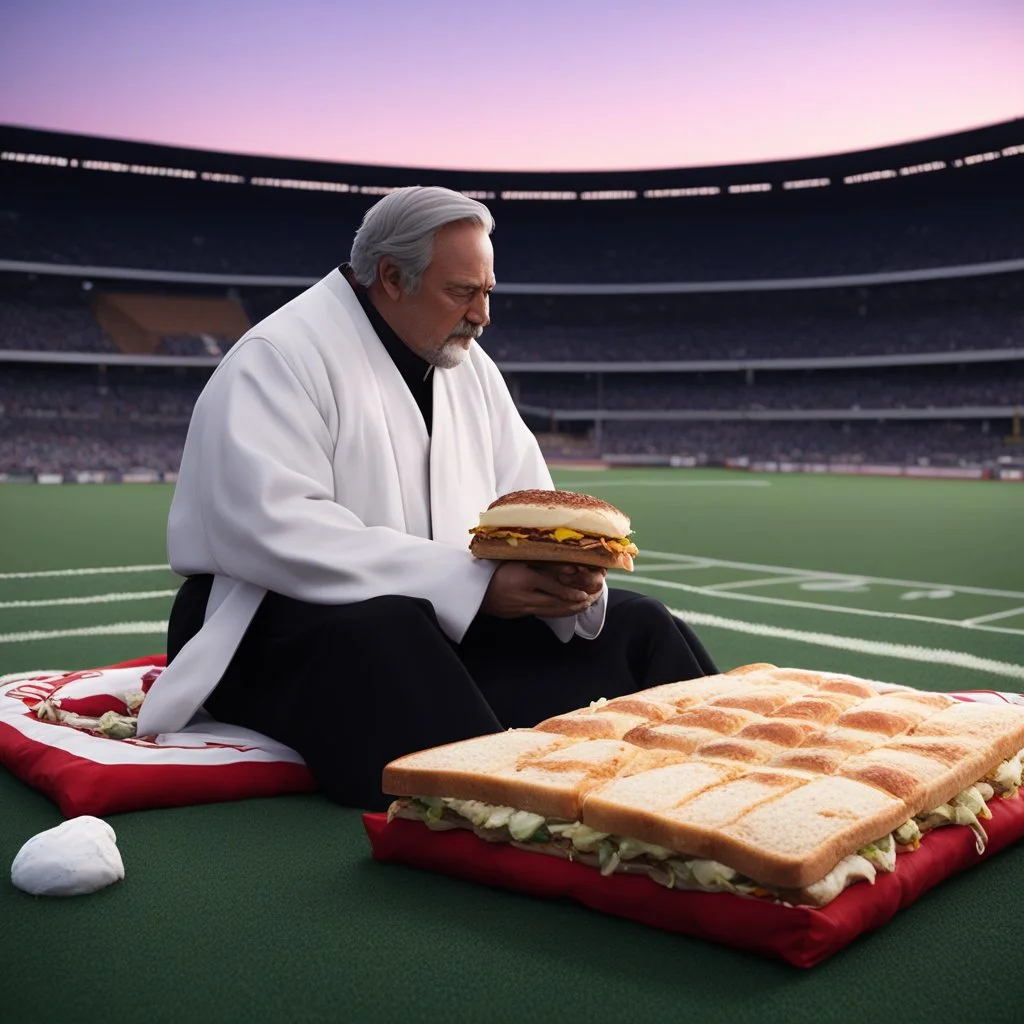 In the center of the frame, the Priest of the Red Redemption lies back against several soft, disheveled pillows in a desolate municipal baseball stadium during twilight. He holds a large, handmade, multi-layered sandwich (crusty sourdough, turkey, melting cheese) poised for a bite. An unlit cigarette dangles from his lips as he clutches a crumpled black-and-white photograph close to his chest—a psychedelic tape infinite loop dance playing in a raw 35mm fisheye perspective. One hand covers his ey