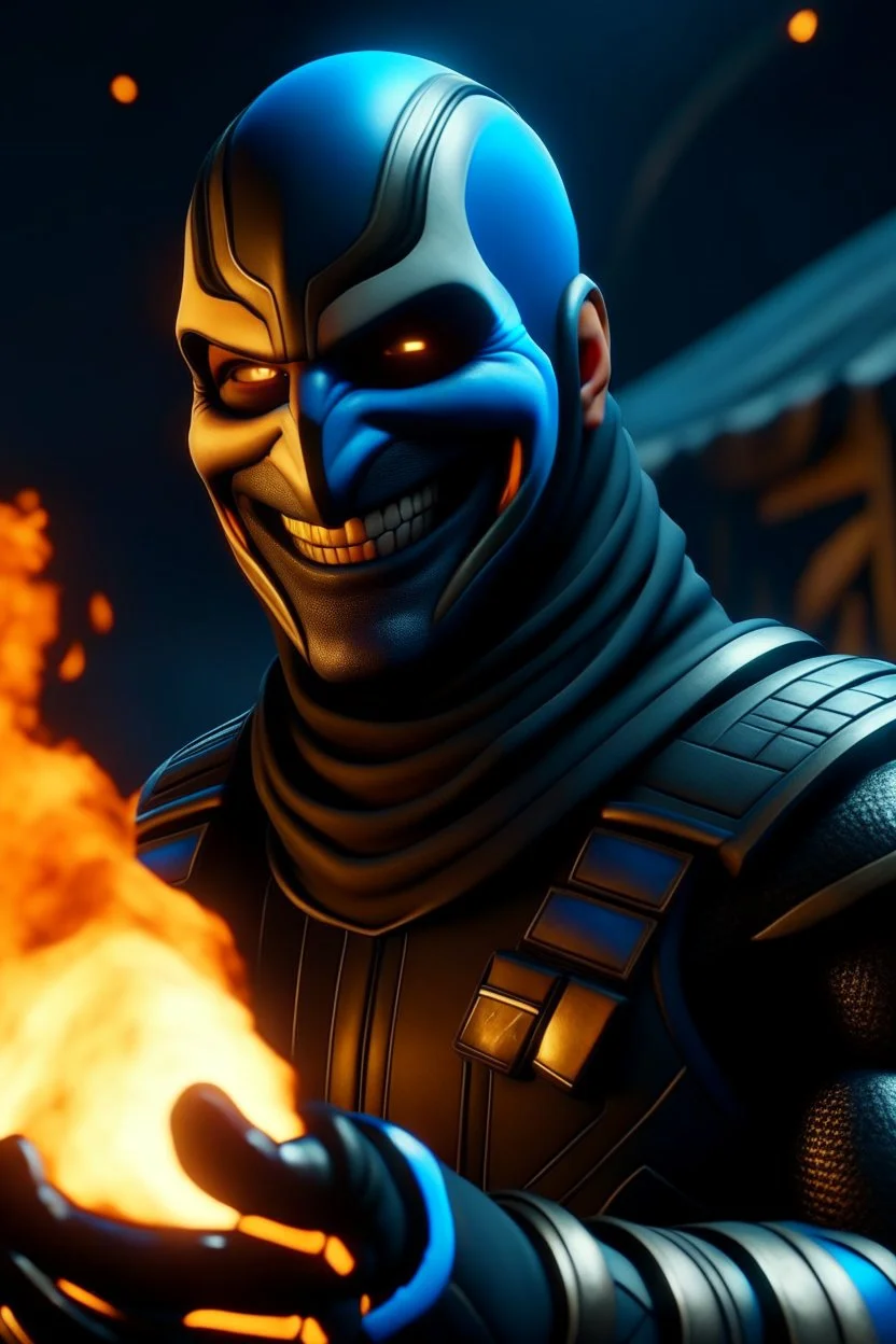 Iranian empire A commander wearing a matte black helmet with flaming eyes with flaming light blue pupils A sporty looking man with a grin on his face while holding Thanos' gloves