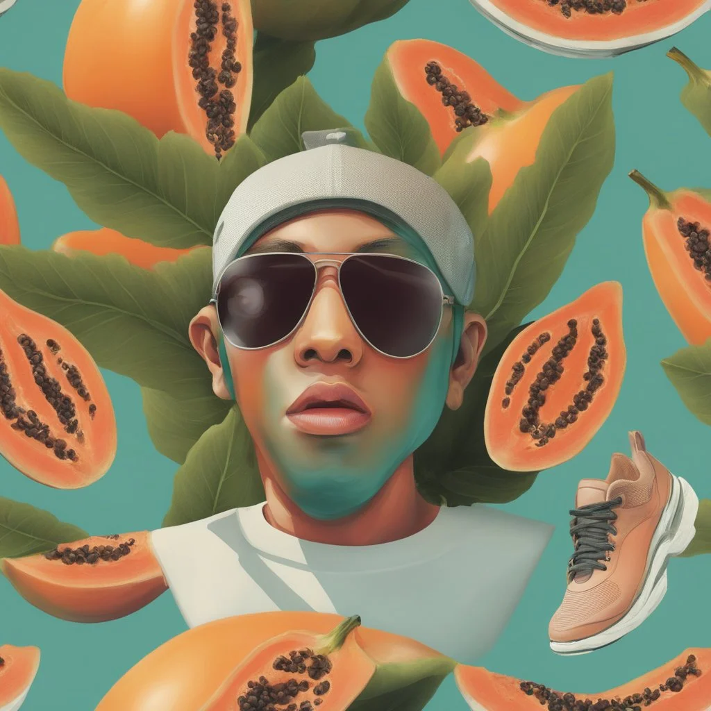 Ilustración de una papaya con cara humana, zapatos tenis y gorra, clima de verano, calidad ultra, hiperdetallado, 8k, 3d, colores complementarios