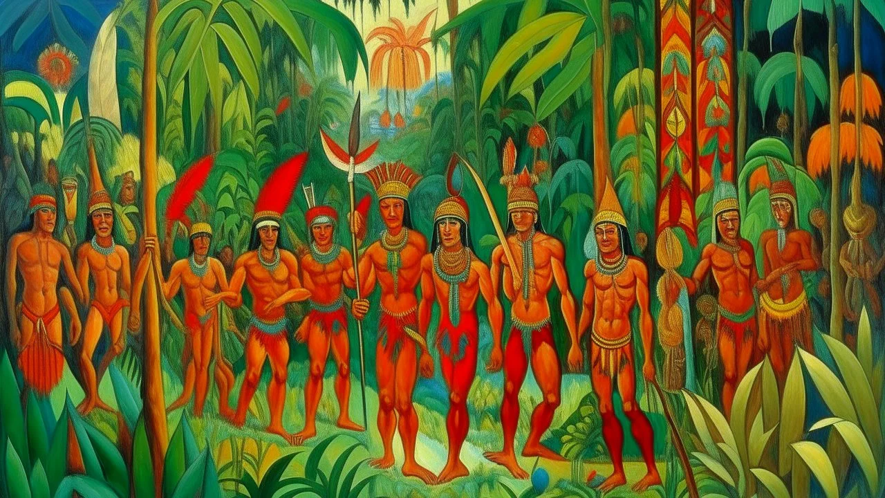 Highly detailed painting of primitive tribal warriors in a jungle setting, vibrant colors, intricate details, by Henri Rousseau and Paul Gauguin, (long shot), realistic style with exaggerated features and proportions.