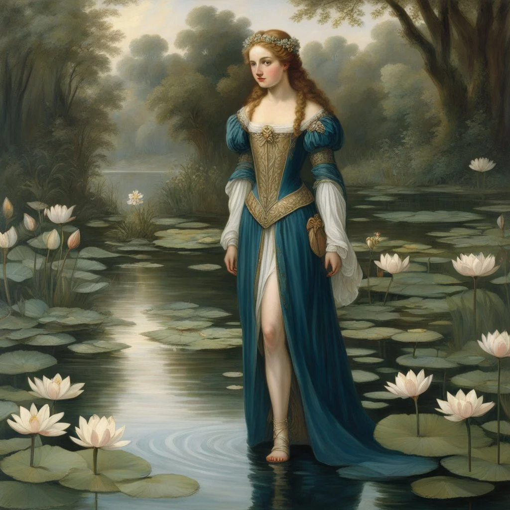 Ophelia, young noblewoman of Denmark, the character in William Shakespeare's drama Hamlet, she is in the outfit of Diana the huntress Greek goddess, she stands in front of a pond full of water lily flowers, her feet in sandals, Hamlet's skull in hand