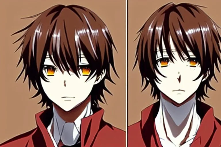 Detailed pretty anime boy, brown hair with blonde strips, keep head in frame, headshot, glaring, brown eyes, covered in bandages, looking serious, illustration, digital painting, only one character, color scheme red, wearing many bandages, Osamu Dazai inspired, anime inspired, manga, dazai, red hair, Chuuya, pretty, scruffy, angry, brooding, manga inspired, small nose, long lower eyelashes, handsome, one character, headshot, glaring, cute, wearing a bandage on neck, small nose, scruffy hair