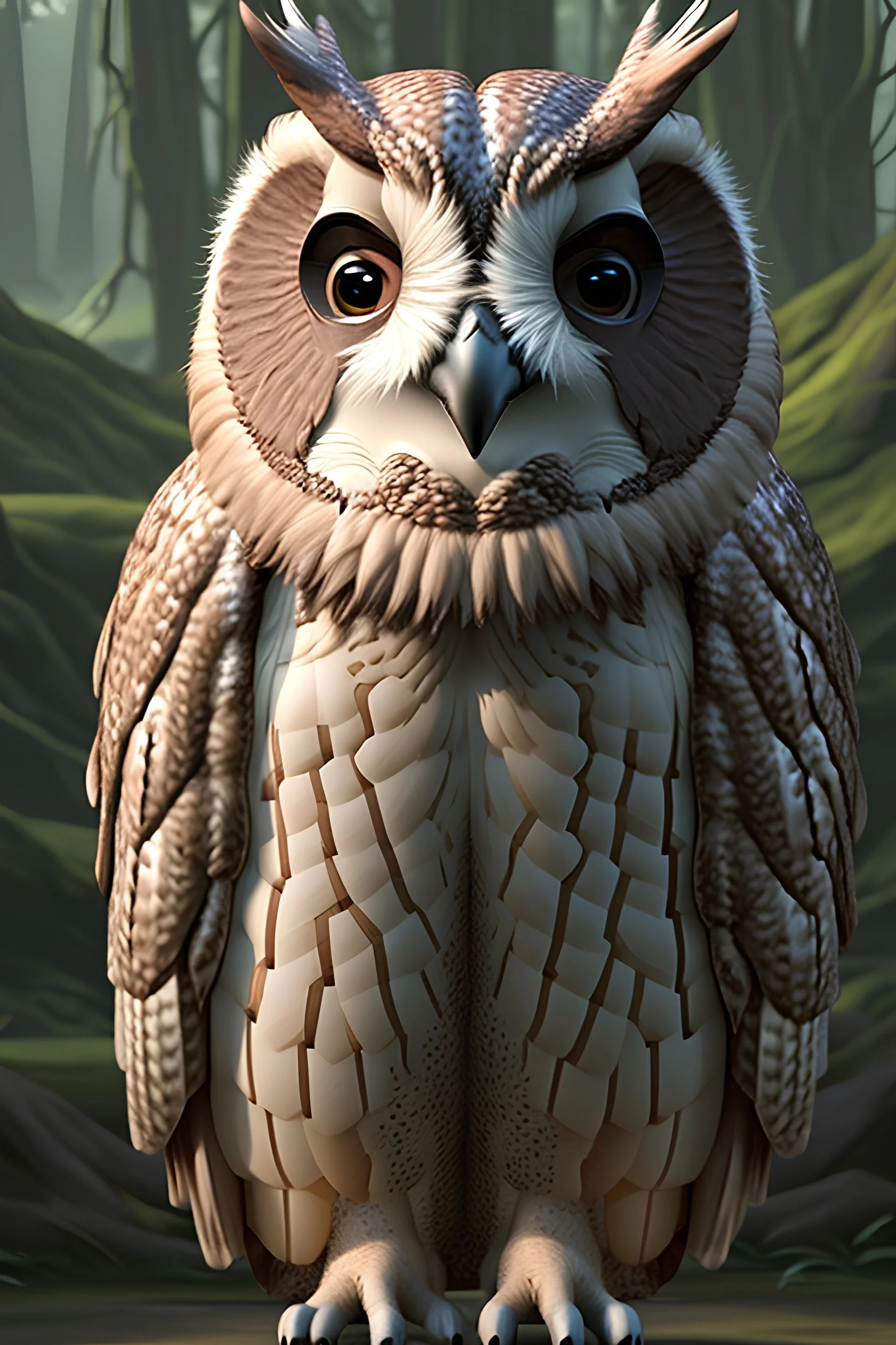 Ultrarealistisches Bild eines DnD Charakters. Eine Rieseneule mit pibken Federn