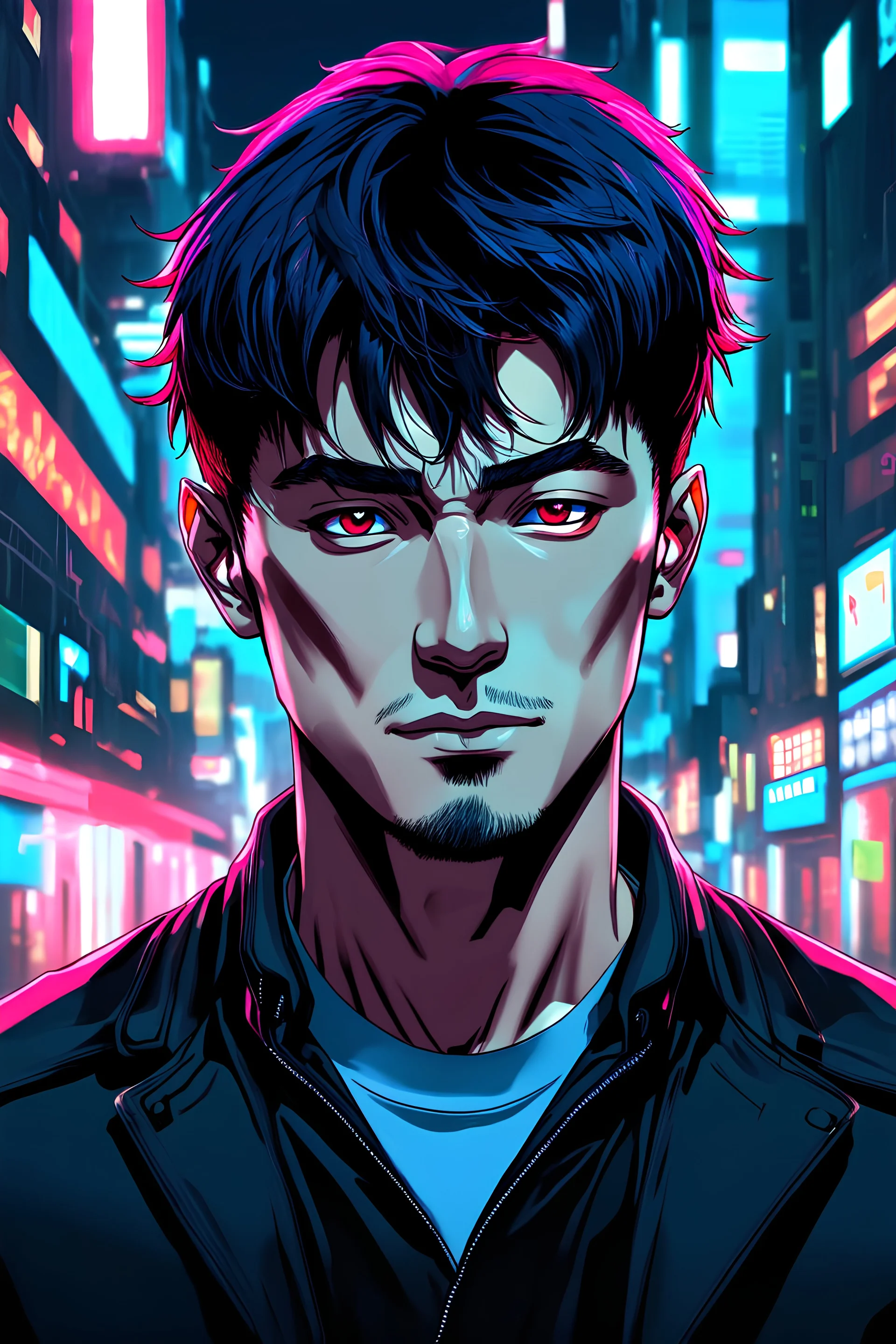 ILLUSTRATION CYBERPUNK HANDSOME CHINESE MAN WITH IMPLANTS AND COLOURED HAIR AND CITY LIGHTS BEHIND HIM