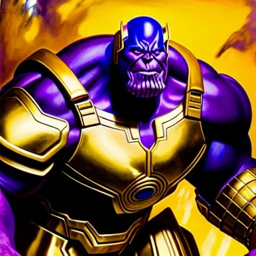 fullbody portrait in oil on canvas of Thanos with Big Golden Hulkbuster armor, intense stare, masterpiece, realistic, intricate detail, sci-fi fantasy style, volumetric lighting, particles, highly detailed ,cinematic , deep colours, 8k, by Kaare Andrew and Robert E Howard and Ken Kelly