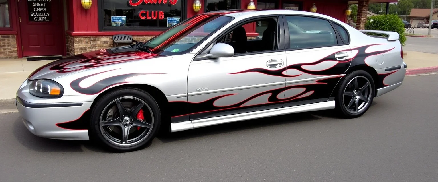 suped up 2004 chevy impala supersport musclecar, silver with black flames outlined with a thin red pinstripe, in front of Sam's club, SuperSport car, impressive, VIP, award winning, detailed