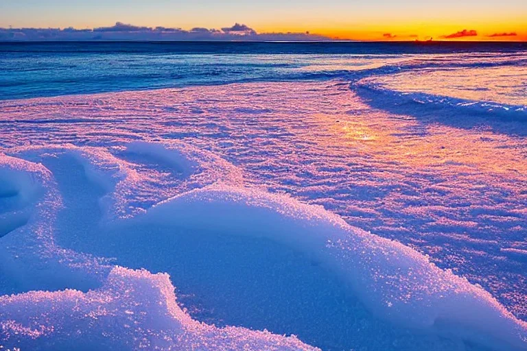 Honolulu Hawaii and beach covered in winter snow and ice at sunset