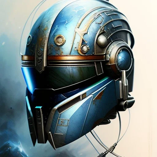 photorealistic jango fett helmet, illustration by <agnes cecile> <Yoji Shinkawa>, natural tones, ornate and intricate detail , soft smooth lighting, soft blue and silver colors,