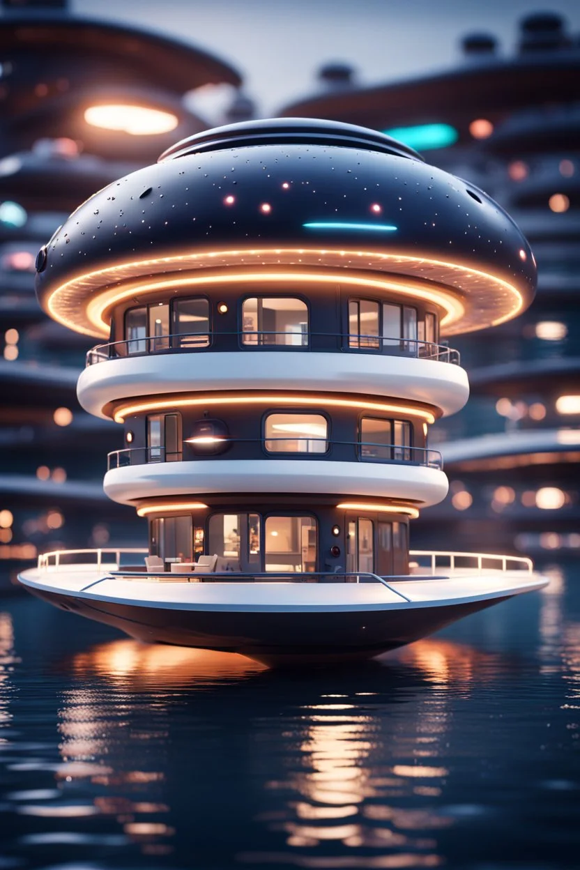 a donut shaped modular house boat that looks like a dark twisted alien space ship with spotlights, in advanced hi tech dock, bokeh like f/0.8, tilt-shift lens 8k, high detail, smooth render, down-light, unreal engine, prize winning