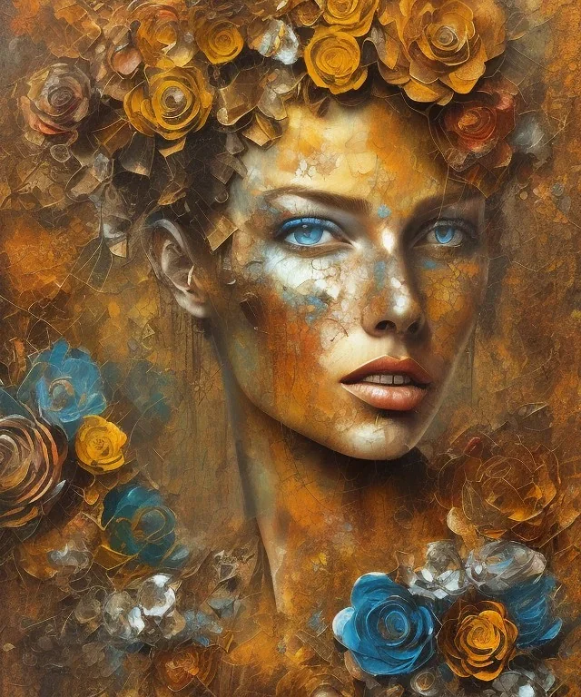  an abstract painting of rusted metal and flowers, african portrait, rust, scaffolding, iron cladding, decay, mixed media, textured, anatomically correct, beautiful perfect face, sharp focus, highly detailed, injured face