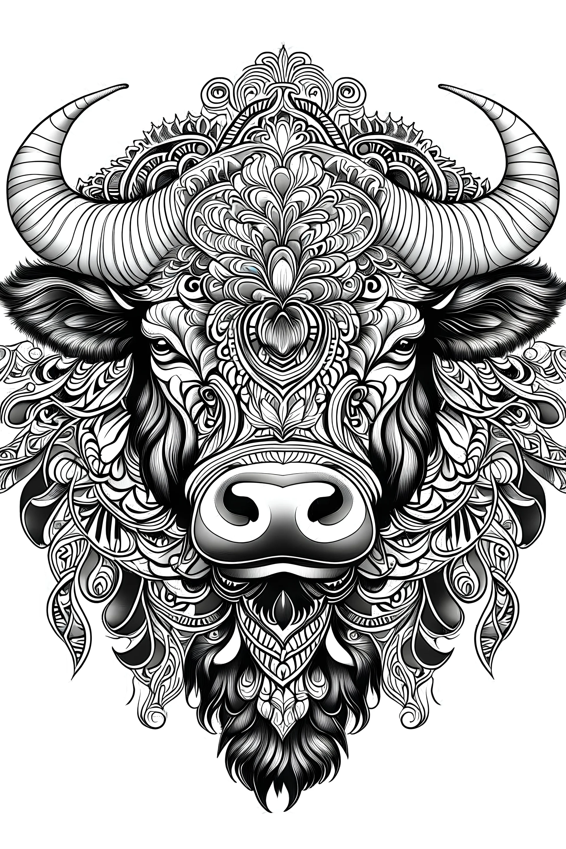 mandala Buffalo : black and white with white background.