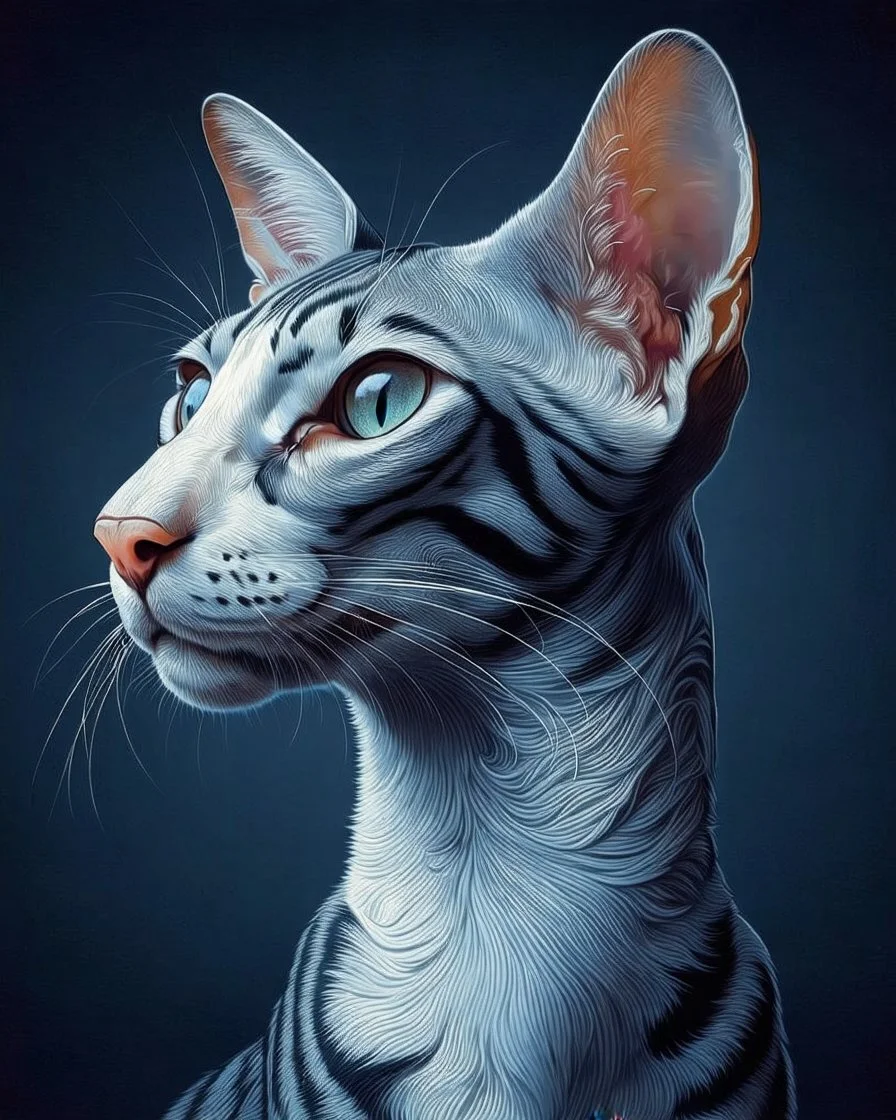 Oriental shorthair blue and white mackerl tabby cat hyperdetailed, In the art style of Jean-Antoine Watteau, Nicholas Roerich, Studio Light.