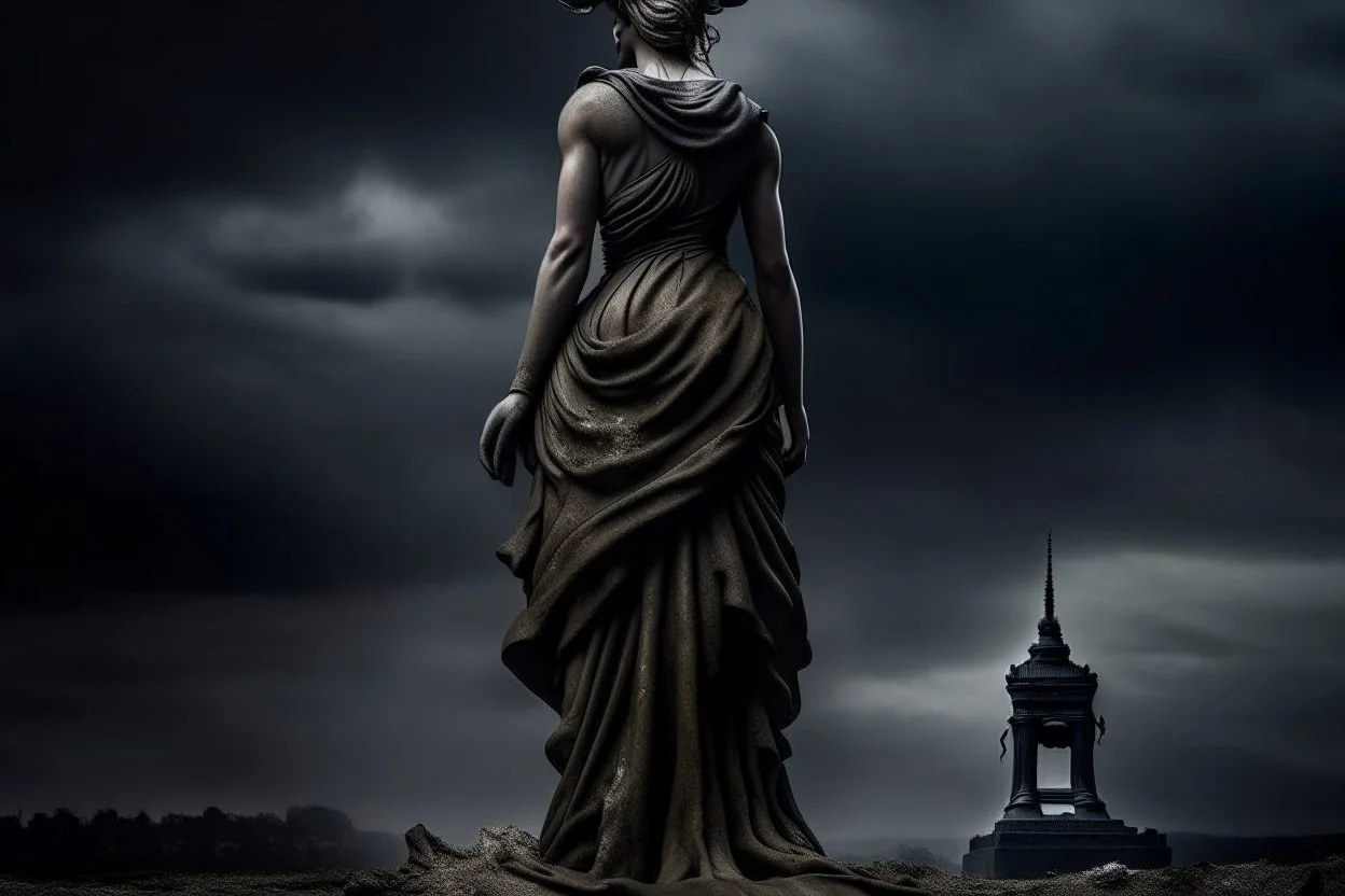 the statue of liberty, dress dirty and torn, her face solemn and terse, trash littered at her feet, she holds a crumpled american flag, she walks away, back to the viewer, under a dark and dreary sky