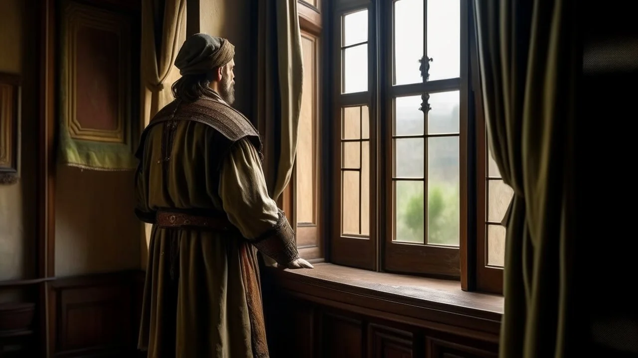 Rear view of an Andalusian commander standing and contemplating in his room in front of the window in the year 1490