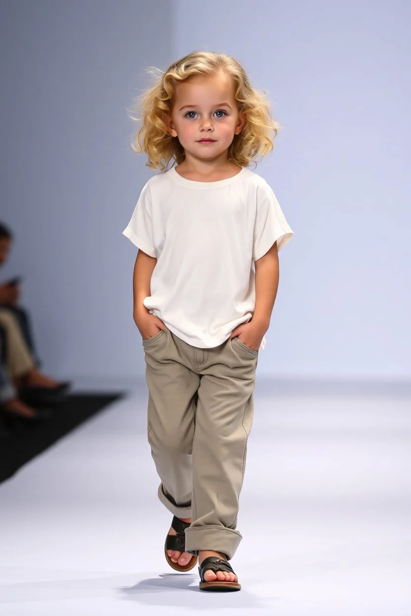 2 years old beautiful baby blue eyes girl fashion model in loose pants and loose top with blonde curvy wavy hair ,cat walks in runway,catwalk and pose at end with cute