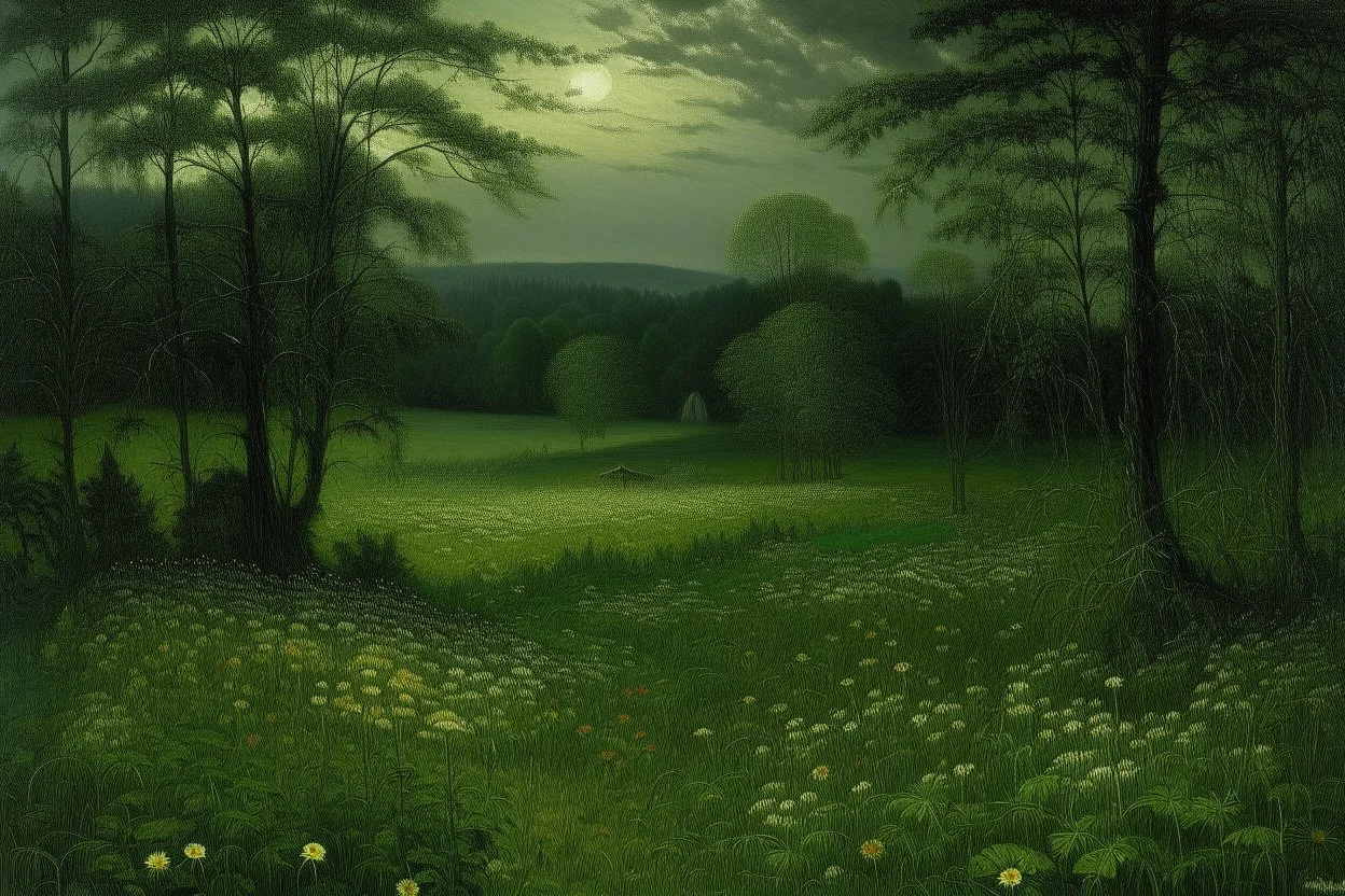 A dark green meadow with plants painted by John Atkinson Grimshaw