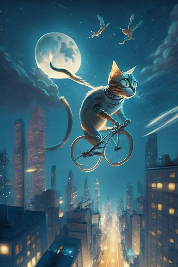 A pedaling cat riding a bicycle is flying at night in the sky over tall buildings.