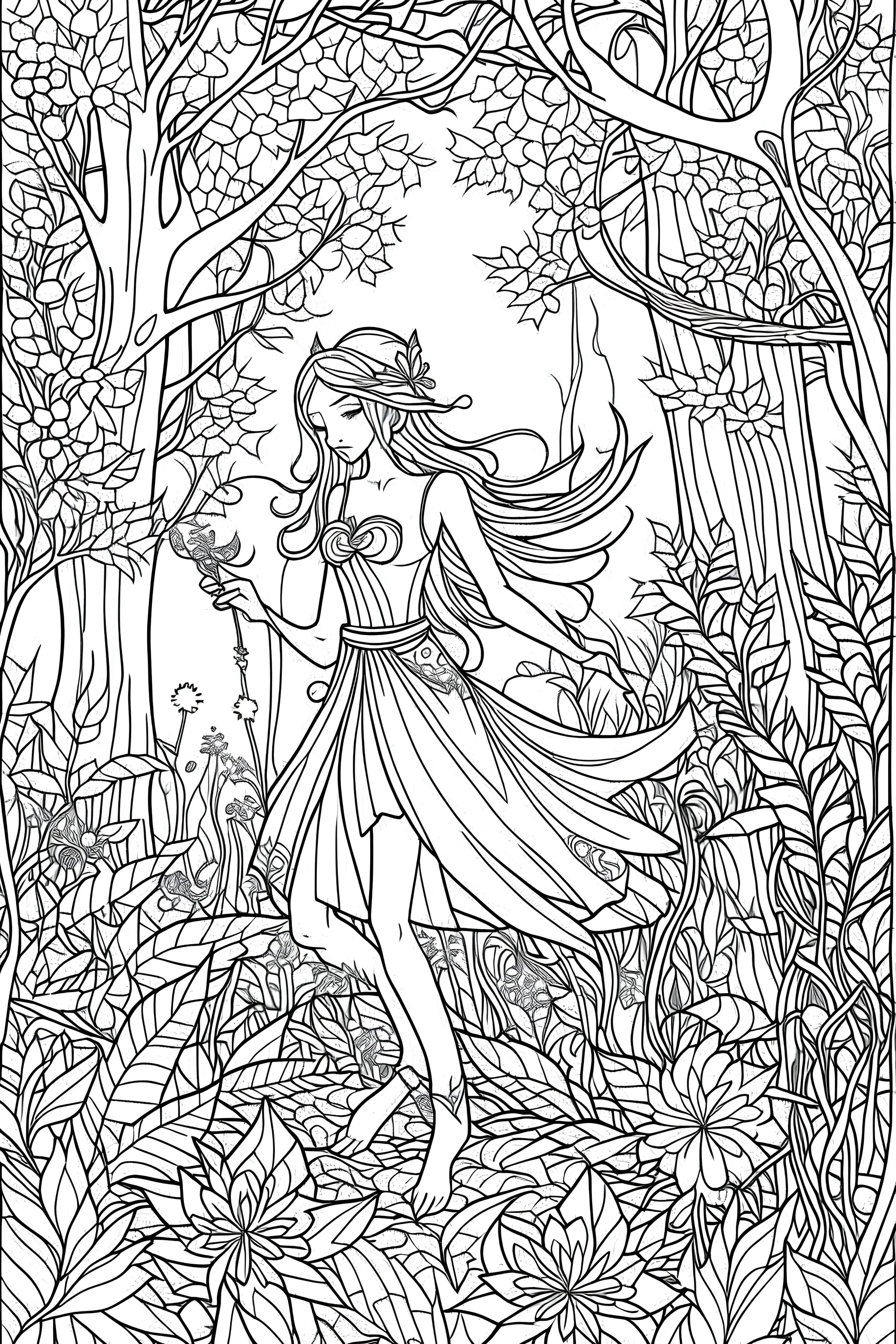 outline art for coloring book of magical fairy in the forest, white background, full body, only use outline, mandala style, clean line art, no shadows and clear and well outlined