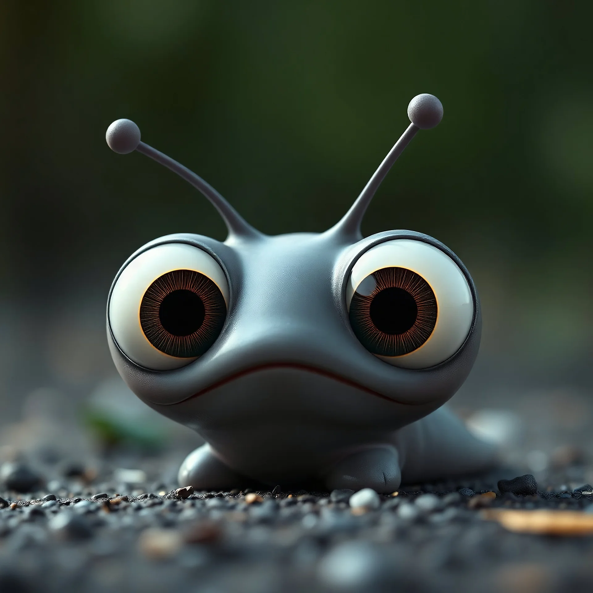 (masterpiece, best quality, 8k, RAW photo, beautiful and aesthetic:1.2), complex detail, Indirect light, photorealistic, (((full body))), cute gray cartoon pixar slug, with big round ginormous eyes looking into the viewer's soul