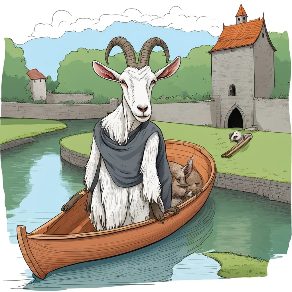 a goat in a boat on a moat