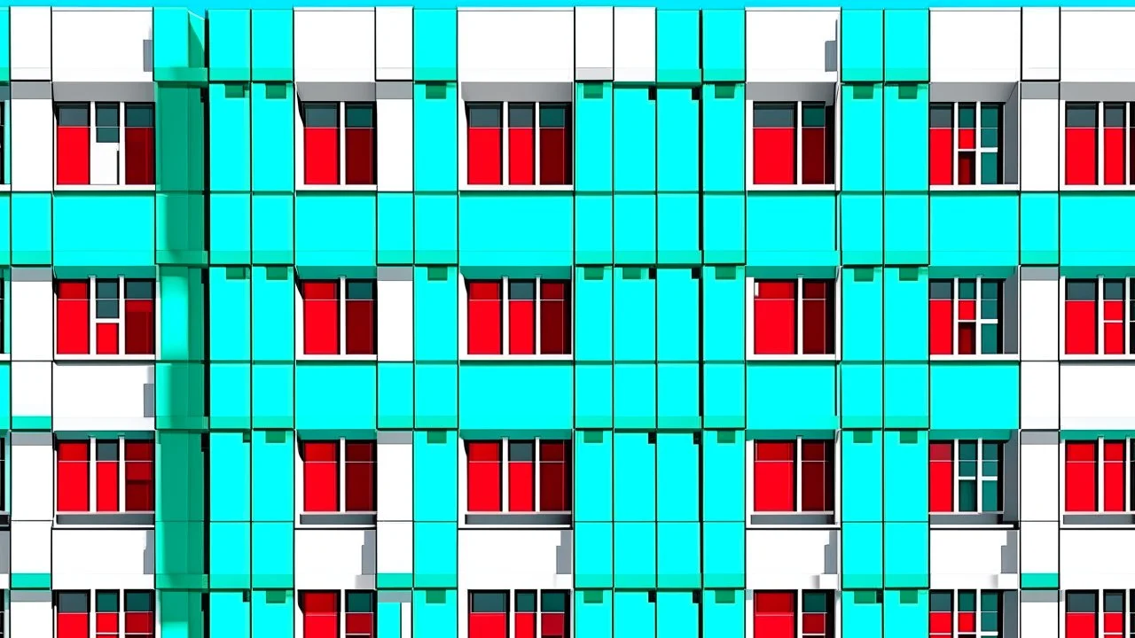 arquitectura de De Stijl en 3D habitable. fachada de ladrillo turquesa con 30 ventanas irregulares. patron de puertas rojas y paneles blancos alternados -- 8k