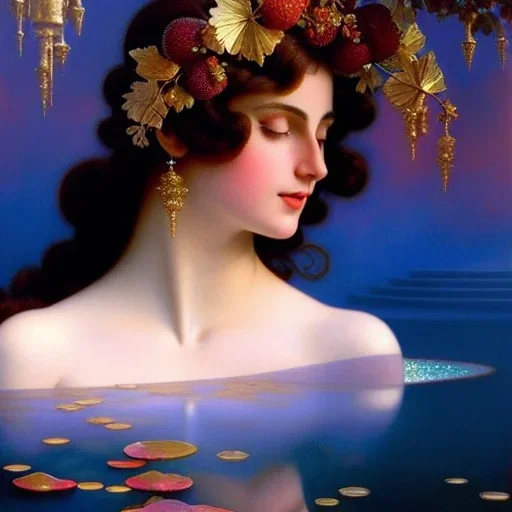 Hyperdetailed oil on canvas, young annie henley at a temple fountain, beautiful, detailed face, long dark hair, surrounded by luminous colorful sparkles, airbrush, depth of field, raspberries, blackberries, octane render, by gaspar camps, maxfield parrish, alphonse mucha, cyril rolando, volumetric lighting, dusk, 16k