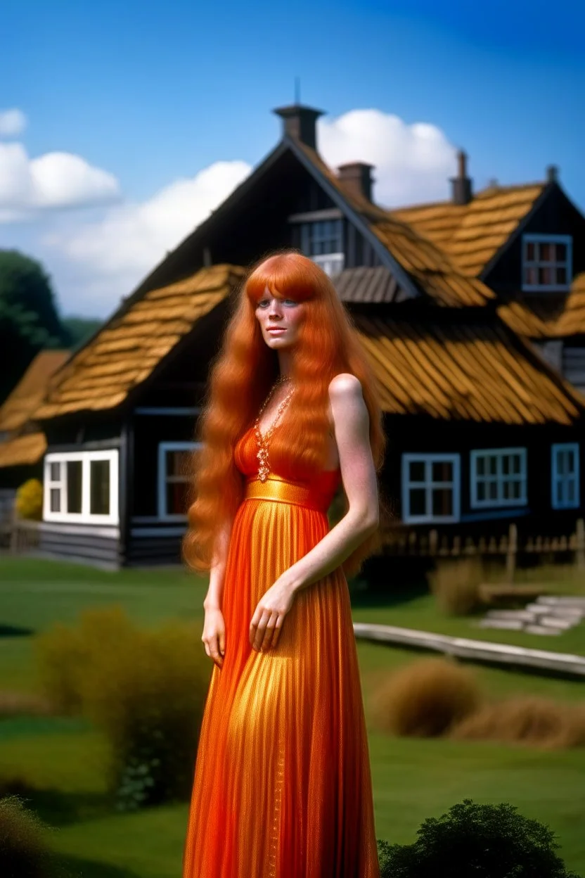 full body and headshot of a skinny Cleopatra, with long wavy ginger hair, in a floaty dress, standing on a village green, with thatched roof cottages behind