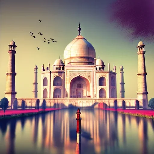 The Taj Mahal, Hindistan, sunset, fantasy art, flying birds, springs, landscaper, beautiful