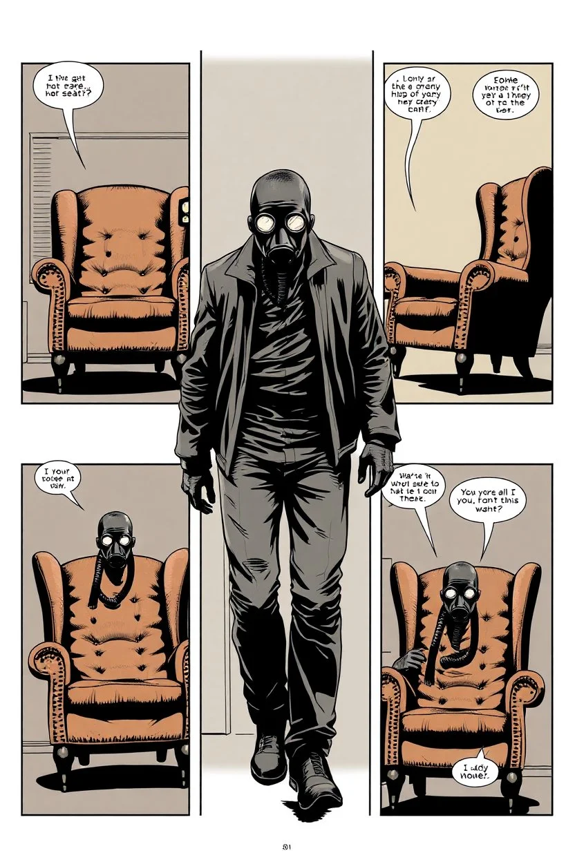 6 panel page with different images of a man in a gas mask walking around a wingback chair, intimidating, graphic novel