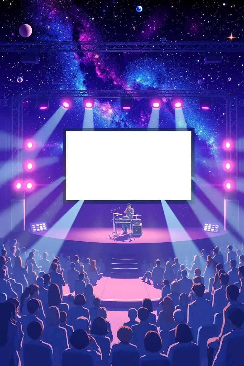 poster for a party with anime music videos galaxy theme stage with big screen