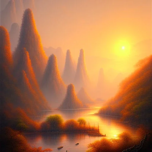 uma paisagem chinesa com rios e arvores, por do sol ao fundo, desenho a lapis, tons pastel, luz suave