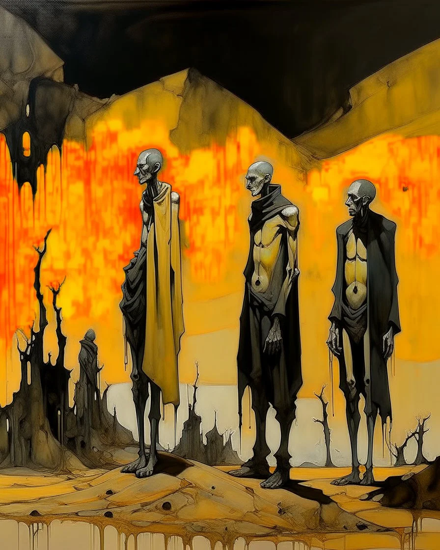 long-legged surreal lean black-grey figures with beak-shaped heads ((wearing overcoat)), profile, semi-silhouettes among ramshackle ruins in a barren landscape of orange, yellow, black and beige colors, intricate acrylic painting