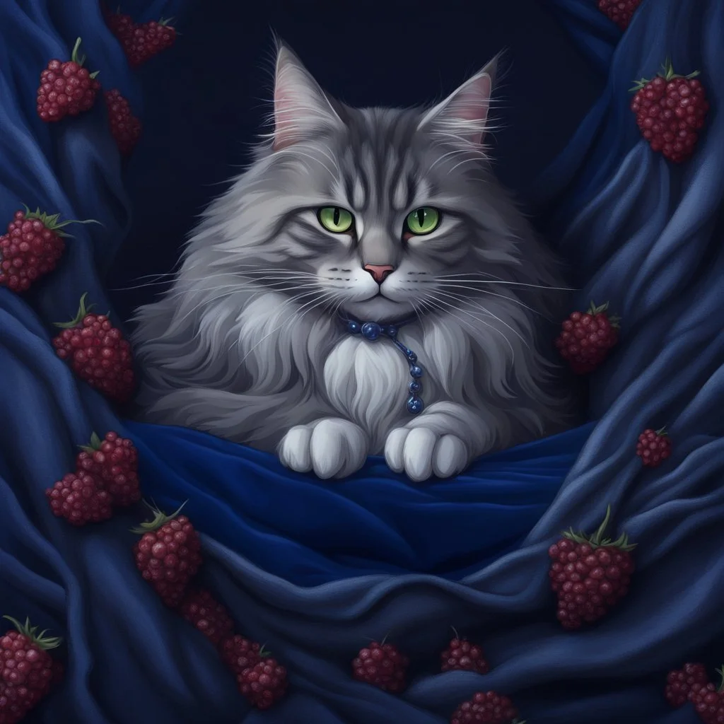 A Main Coon cat gray and white on a midnight blue velvet pillow and wearing a berry bow around her neck. Illustrative art, art interpretation, concept art, cgsociety contest winner, seasonal art, seasonal art HD, 4k, 8k, intricate, detailed, intricately detailed, luminous, translucent fantasy crystal, holographic data, soft body, shadow play, light, fog, atmospheric, cinematic, light film, hyper-detailed, hyper-realistic, masterpiece, atmospheric, high resolution, 8k, HDR, 500px, mysterious and